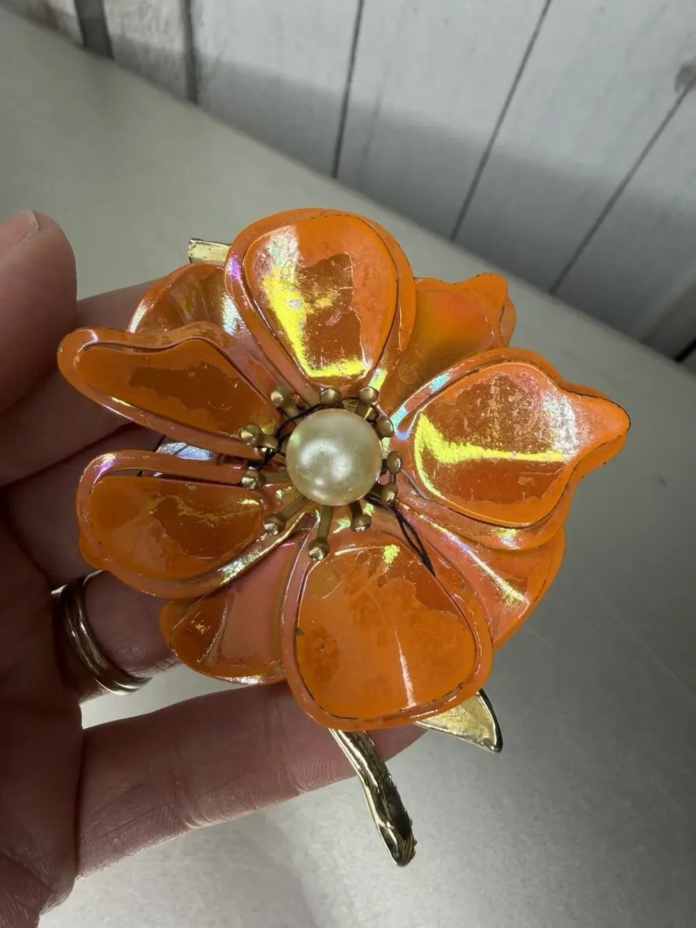 Vintage Iridescent Orange Enamel 3D Flower Brooch Large Layered Pin Pearl Center